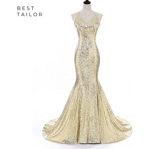 Sequin Prom Dresses 2021 Mermaid X Backless Halter Sexy Party Gowns Gold Sweep vestido de fiesta largos elegantes de gala noche