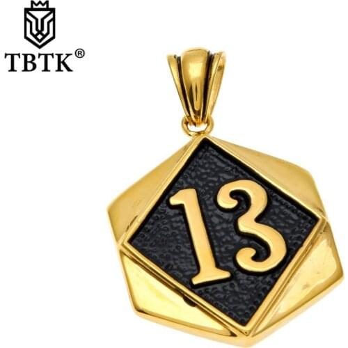 TBTK Number 13 Tag Pendant Gold Retro Geometric Square Hesagon Pendant Necklace Punk Simple Style Jewelry With 5mm Cuban Chain