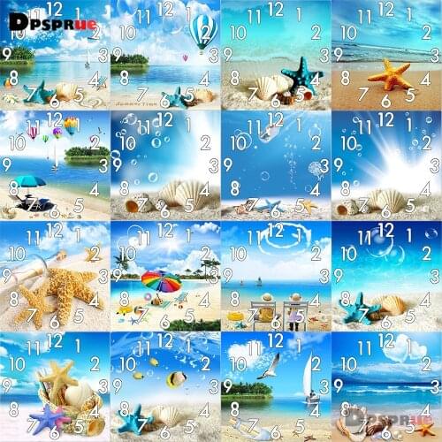 Dpsprue Full Diamond Painting Cross Stitch Sea shell With Clock Mechanism Mosaic 5D Diy Square Round Scenery 3d Embroidery Gift