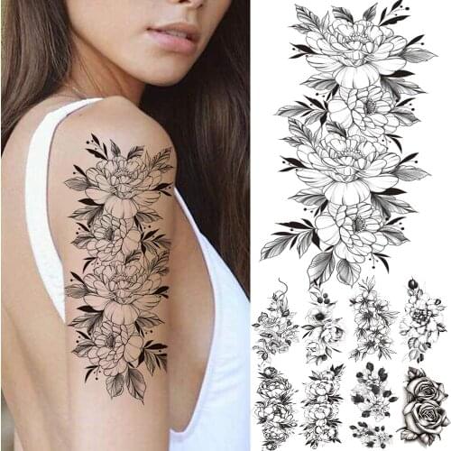 Realistic Peony Flower Fake Temporary Tattoos For Women Girls Adult Black Tattoo Sticker Leaf Snake Disposable Tatoos Body Art