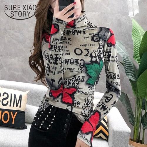 European 2019 Shirt Retro Print Autumn and Winter Temperament Turtleneck Long Sleeve Fashion Joker Stretch Blouses 7703 50