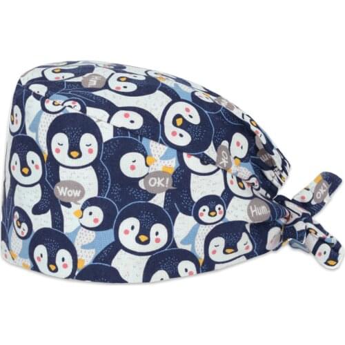 Penguins Scrub Caps Pattern Veterinary Dental Nursing Print Scrubs Hat Women Men 100% Cotton Beautician Cooking Chef Skull Cap