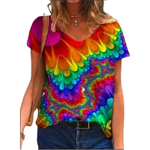 3D Abstract Women Print T Shirt Summer 2021 New Casual Short Sleeve V-Neck Tee Lady Fashion Streetwear Oversized Tops Plus Size