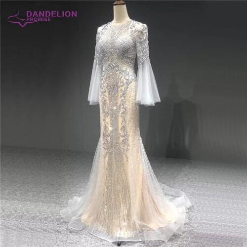 Luxury Long Evening Dresses For Women 2020 Full Sleeve O Neck Mermaid Sequined Crystal Formal Party Gowns