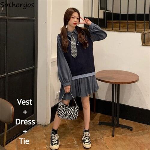 Women Sets Ruched Pleated Dress V-neck Sweater Vest Korean Preppy Style Womens Loose Button Trendy Sweet Chic Harajuku Clothing