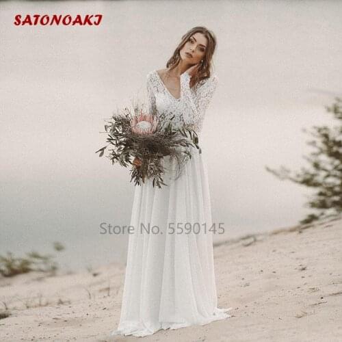 Beach Country Wedding Dress 2020 A-Line Chiffon Lace Top V-Neck With Long Sleeve Backless Bridal Gown Vestido De Novia Undefined