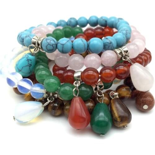 12 colors Fashion Stone Beads Charm Bracelets Elastic 8 mm Carnelian Bangle with Matching Stone Drop Pendants Jewelry