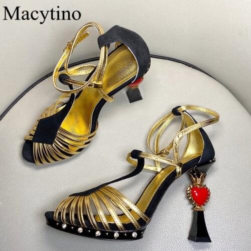 Luxury Designer Brand gold high heels summer rose flower embellished strappy sandals