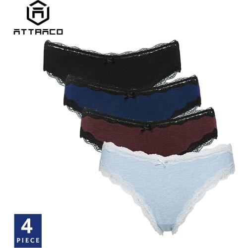 ATTRACO Womens Pantie Briefs Underwear String Tanga Thong Cotton Crotch Lace Edge 4 Pack Mid Waist Stretch Soft