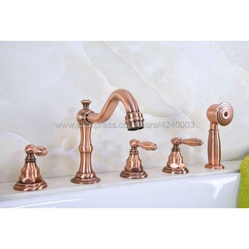Antique Red Copper Widespread Tub Faucet Three Handles Brass Roman Tub Mixer Taps with Hand Shower Ktf230