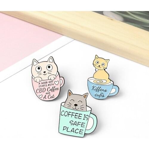 3 Cute kittens hiding in the cup Creative Enamel Brooch Fashion animal cat fun Lapel Pin Backpack clothes badge Gifts for friend