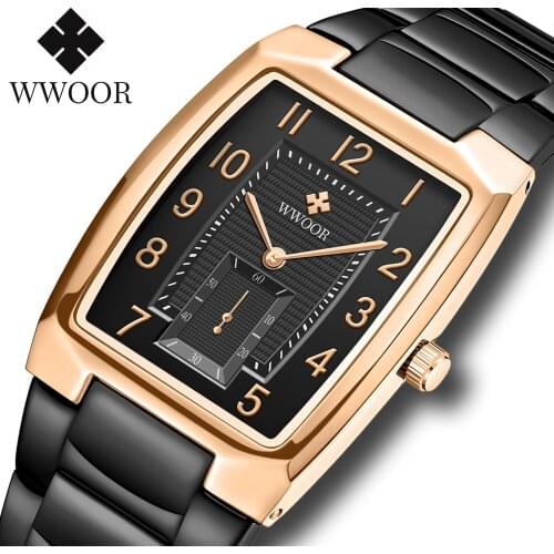 WWOOR 2021 New Top Brand Men Luxury Rose Black Square Fashion Watch Quartz Waterproof Chronograph Wristwatches Relogio Masculino