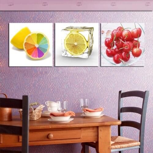 Kitchen Room Decor Picture On The Wall Ice Fruit Fresh Oil Painting Canvas Printed 3 Panel Modern Fruits Art Prints No Frame