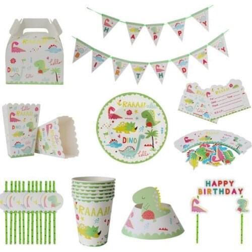 Dinosaur Theme Tableware Set Birthday Party Decoration Kids plate Cups hats Tablecloth Flag Straw Party Supplies