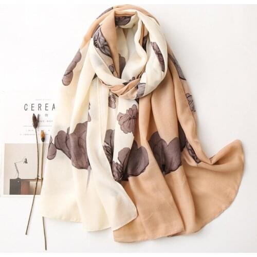 Elegant Women Scarves Beige Khaki Patchwork Flowers Print Scarf For Lady High Quality Spring Autumn Shawl Wrap Large Hijab Stole