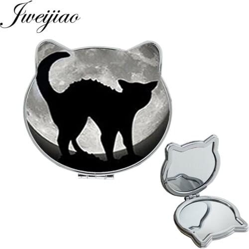 JWEIJIAO cat and moon black outline Folding Mini makeup mirrors cute Brand Design womens Compact Hand mirror for party A251