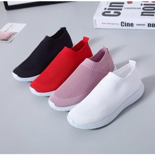 Breathable Mesh Sneakers Women Platform Slip on Soft Ladies Casual Running Shoes Woman Knit Sock Shoes Flats Size 43