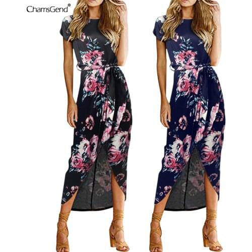 Fashion Boho Long Dress For Women Casual Short Sleeve Print Belt Beach Long Dress Sexy Elegant Slit Irregular Long Dresses