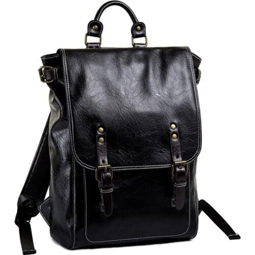 Men Brand Leather Man Backpack With Buckle Belt Daypack Bag Front Pocket Travel Bag Casual School Laptop Backpack