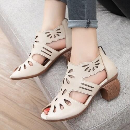 High Heels Retro Ladies Sandals Fashion Women Shoes 2021 New Spring Summer Genuine Leather Fooewear Hollow Sewing Woman Sandals