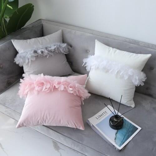 Yellow Gray Pink Pillow Cover with Feather Home Decor Velvet Cushion Cover Decoration Pompom Throw Pillow Pillowsham 45x45CM