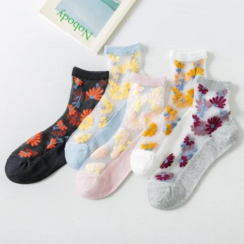 2021 New Sun Flower Cotton Bottom Glass Silk Crystal Socks Novelty Net Red Jacquard Transparent High Quality Womens Socks