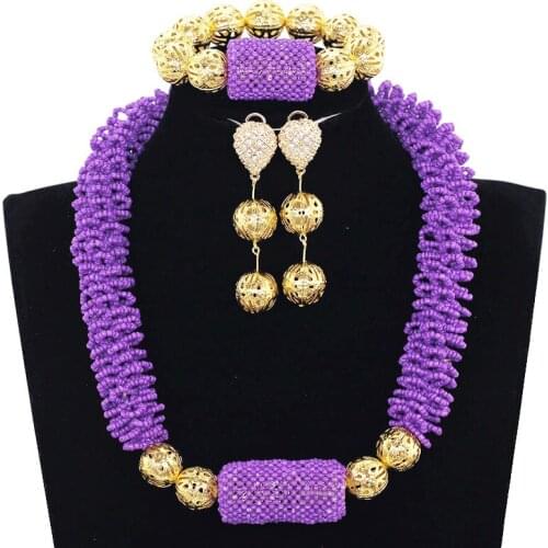 Latest Purple Beads Chunky African Jewelry Sets Handmade Nigerian Beaded Bridal Jewelry Set Gold Jewelry Accessory WE138