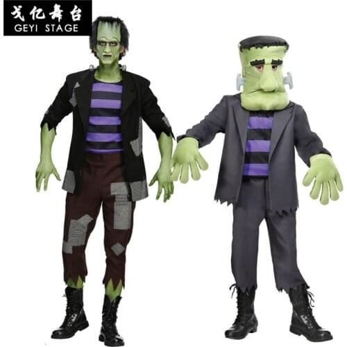 New Frankenstein green costume muscle halloween costume for kids boy adult cosplay mens Jumpsuit with mask Accessories