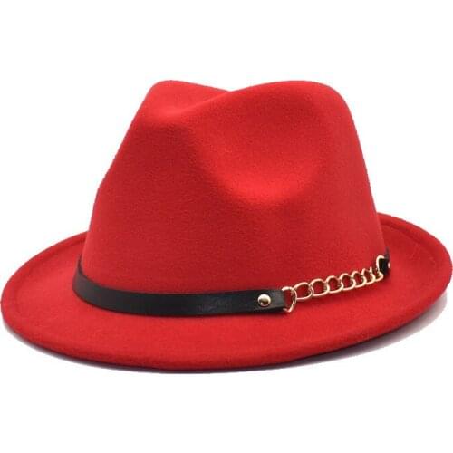Solid Color Autumn Winter Fashion Wool Simple Fashion Round Flat Top Vintage Wide Fedoras Hats For Women Wide Brim Chain Ribbon