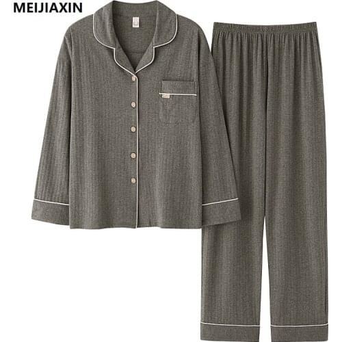 Autumn Knitted Cotton Men Long Sleeve Pajamas Set Cardigan Turn-down Collar Comfortable Soft Plus Size 3XL Male Homewear Clothes