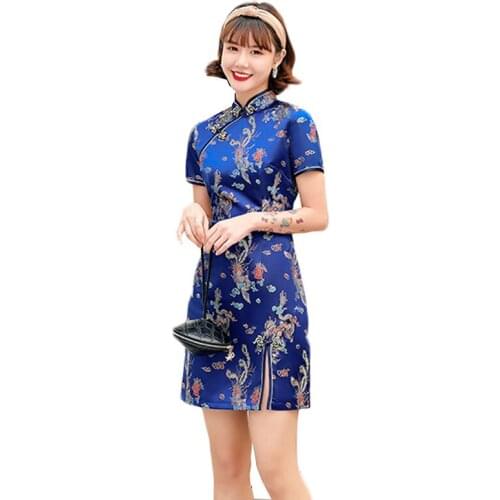 New Satin Womens Traditional Chinese Cheongsam Dresses Vestido Printing Dragon Stand Collar Short Sleeve Silk Plus Size 3XL