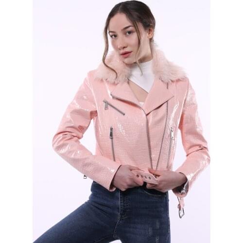 Pink Fur Collar Leather Jacket