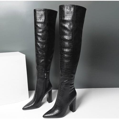 Zipper Pointed Toe Ultra-High Thick Heel European Style Over-The-Knee Boots Stone Pattern Fashion Long-Tube Womens Boots