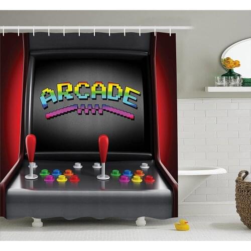 Video Games Shower Curtain Arcade Machine Retro Gaming Fun Joystick Buttons Vintage 80s 90s Electronic Bath Curtains