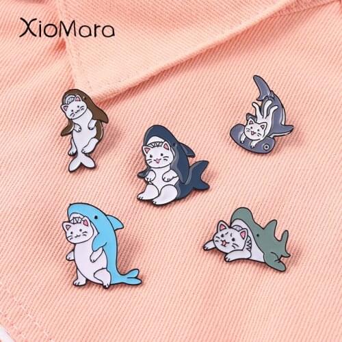 Cute Cartoon Shark Cat Brooch For Backpacks Enamel Shirt Pins Broche for Women Badge Pines Mental Brooches Jewelry Accessories