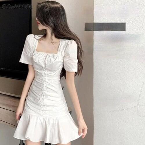 Dresses Women Ruffles Female Ulzzang French Romance Pure Color Sexy Lady Trendy Vestidos Leisure Sweet Summer 2021 New Clothing