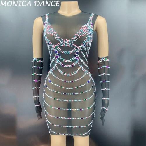 Women Nightclub Multi-color Pearl Rhinestone Black Transparent Short Dress Gloves Birthday Prom Bar Outfit Women Dance Dress