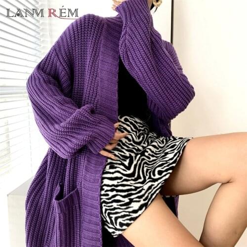 LANMREM Korean style purple v-neck open-stitch coat long large size cardigan for women new knitting fashion tide autumn 2A1518