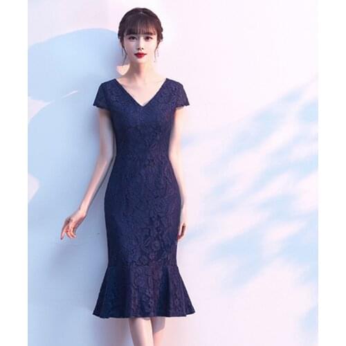 Women Lace Formal Dress Summer 2021 Fashion Elegant Embroidery Trumpet Mermaid Dresses Slim Thin Mid-length Party Evening Dress