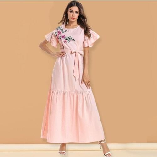 Ladies Simple Fashion Embroidered Lotus Leaf Short Sleeve Dress Summer Robe Dubai Muslim Loose Long Skirt Muslim Apparel