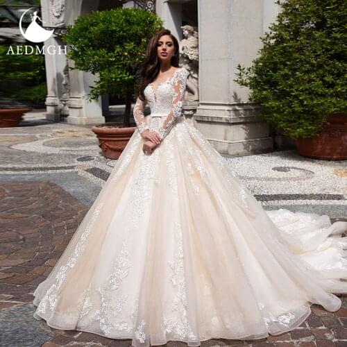 Aedmgh Ball Gown Wedding Dresses 2021 Sweetheart Long Sleeve Robe De Mariee Gorgeous Appliques Princess Sashes Vestido De Novia