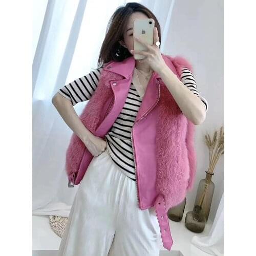 2020 Motorcycle Style Vest Fur Waistcoat Sleeveless Genuine Sheepskin Leather Fox Fur Zipper Gilet
