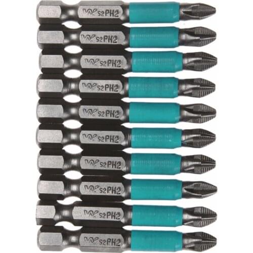 10pcs/lot 1/4 Anti Slip Hex Shank Drill Bits for Screwdriver 50mm PH2 Phillips Magnetic S2 Cross-screwdrivers Bits