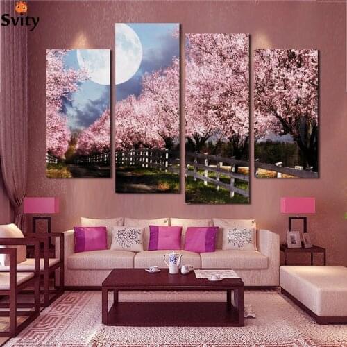 4 Piece Free Shipping Modern Wall Art Home Decoration Purple Tree Large Living Room Oil Painting Pictures on Canvas Prints