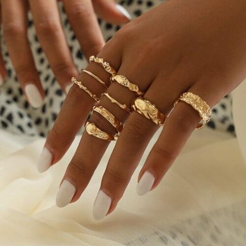9pcs/set 2021 Vintage Retro Gold Color Ring Warp Irregular Golden Geometry Bohemian Female Finger Rings Set Jewelry for Women