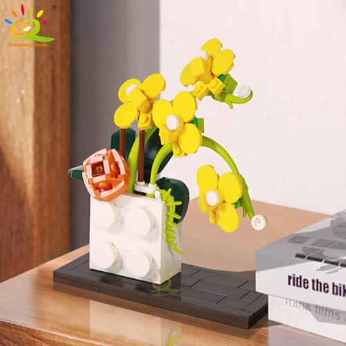 HUIQIBAO Phalaenopsis Flower Potted Model Building Blocks Creative City Bricks Set Children Educational Toys DIY Decoration Gift