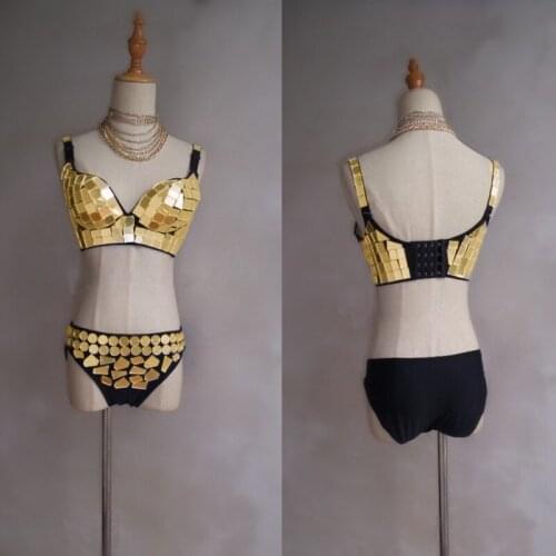 EC32 Singer stage show wears dj costumes ballroom dance dresses sexy bikini silver mirror cloth bra suit disco performance party