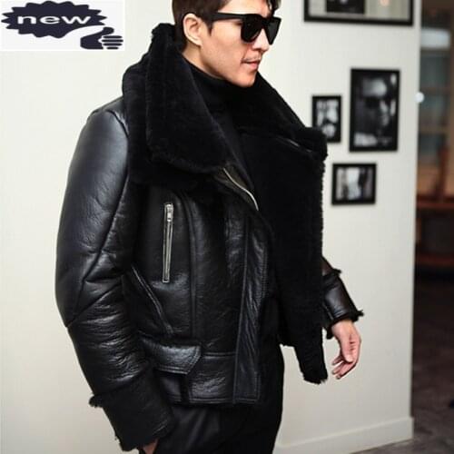 New Mens Winter Lamb Wool Real Aviator Fur Lining Motorcyle Shearling Leather Coat Slim Fit Flight Bomber Jacket
