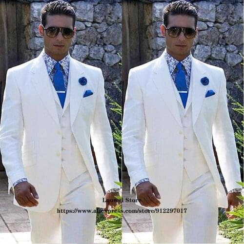 Fashion White Mens Suits Casual Slim Fit Wedding Groom Tuxedo Classic Formal Business Blazer 3 Piece Sets (Jacket + Vest+Pants)