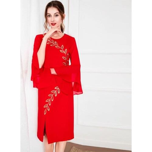 MIUXIMAO 2021 New Autumn Womens Clothing O-Neck Flare Long Sleeve Slim Waist Printing Split Dress Elegant Fashion Office Style